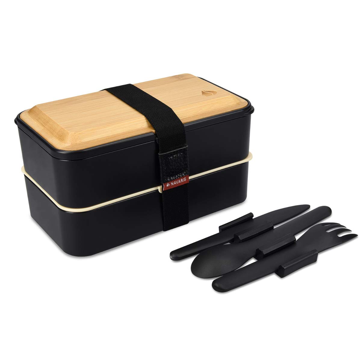 Navaris Bento Box Set Δύο Δοχεία Φαγητού με Μαχαιροπίρουνα και Καπάκι από Μπαμπού - 1.2L - Black - 47407.01.01