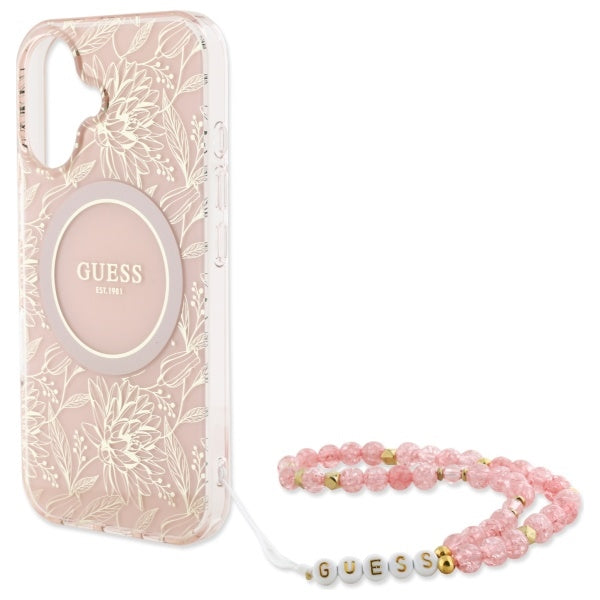 Guess iPhone 16 - IML Flowers Allover Electro With Pearl Strap MagSafe - Σκληρή Θήκη με Πλαίσιο Σιλικόνης και Λουράκι - White / Pink - GUHMP16SHCPOFPP