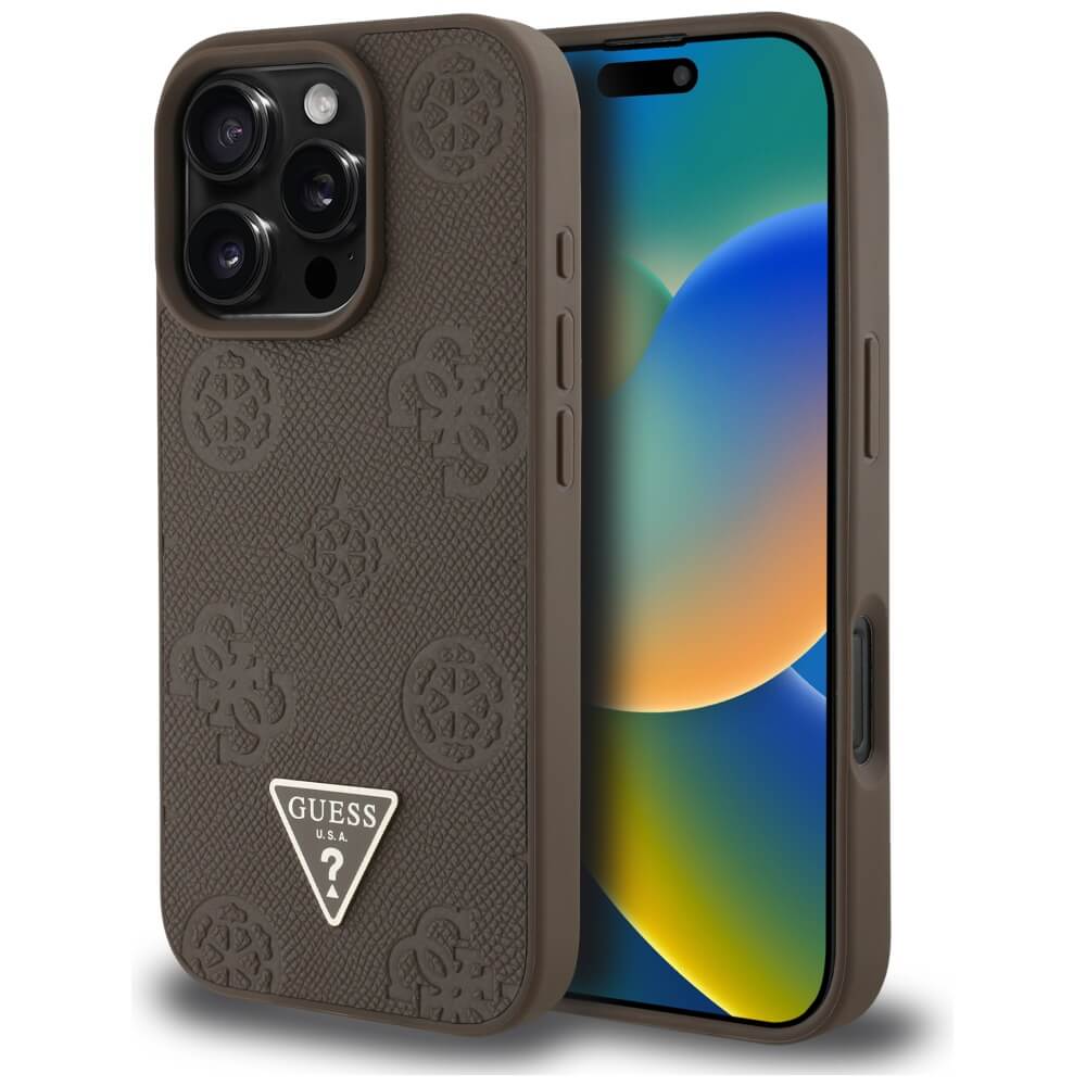 Guess iPhone 16 Pro - Grained Hot Stamp Peony Triangle Logo - MagSafe Σκληρή Θήκη με Επένδυση Συνθετικού Δέρματος - Brown - GUHMP16LPGBTMW