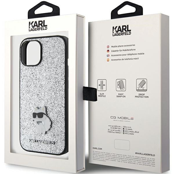 Karl Lagerfeld iPhone 15 - Glitter Choupette Logo Metal Logo Σκληρή Θήκη με Πλαίσιο Σιλικόνης - Silver - KLHCP15SGCNPSG