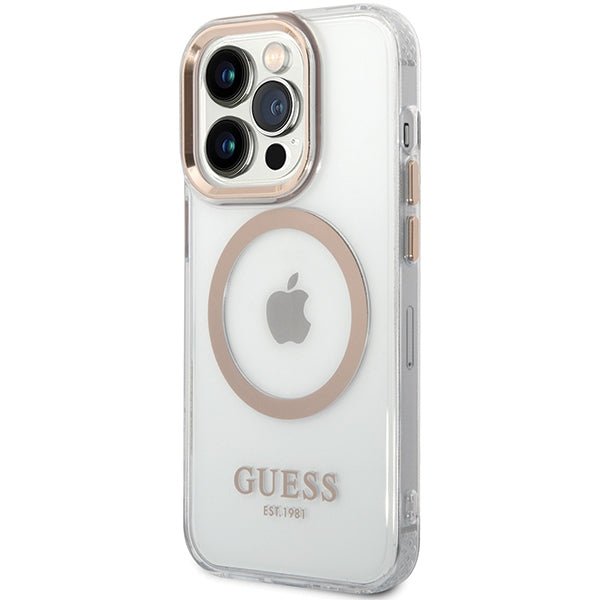 Guess iPhone 15 Pro Metal Outline MagSafe Σκληρή Θήκη με Πλαίσιο Σιλικόνης και MagSafe - Gold - GUHMP15LHTRMD