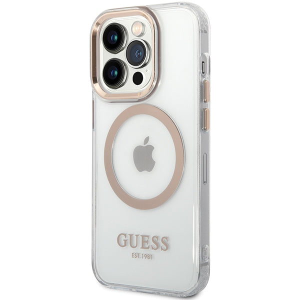 Guess iPhone 15 Pro Metal Outline MagSafe Σκληρή Θήκη με Πλαίσιο Σιλικόνης και MagSafe - Gold - GUHMP15LHTRMD