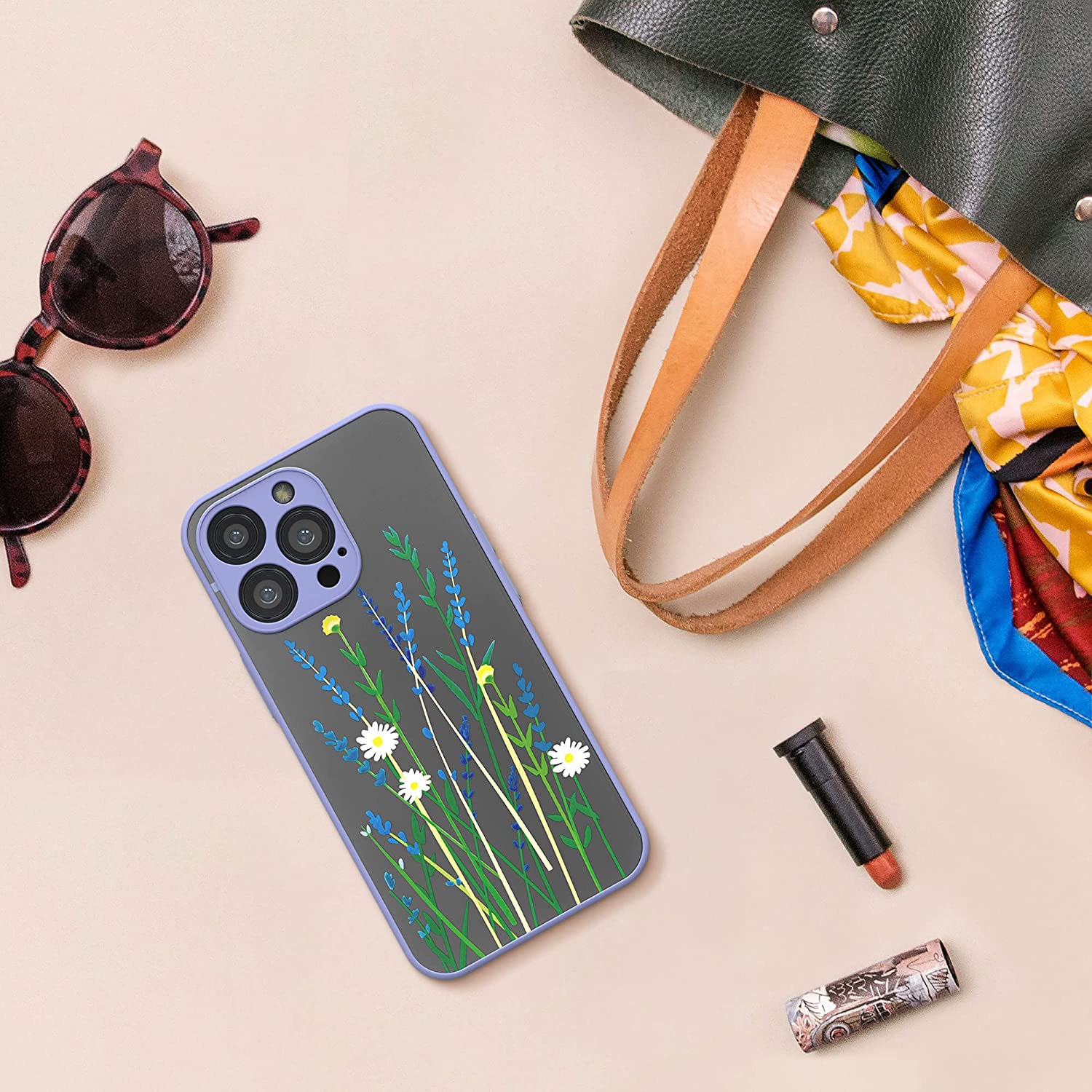 KW iPhone 13 Pro Σκληρή Θήκη με Πλαίσιο Σιλικόνης - Design Wild Flowers - Lavender / Green - Matte Ημιδιάφανη - 56498.01