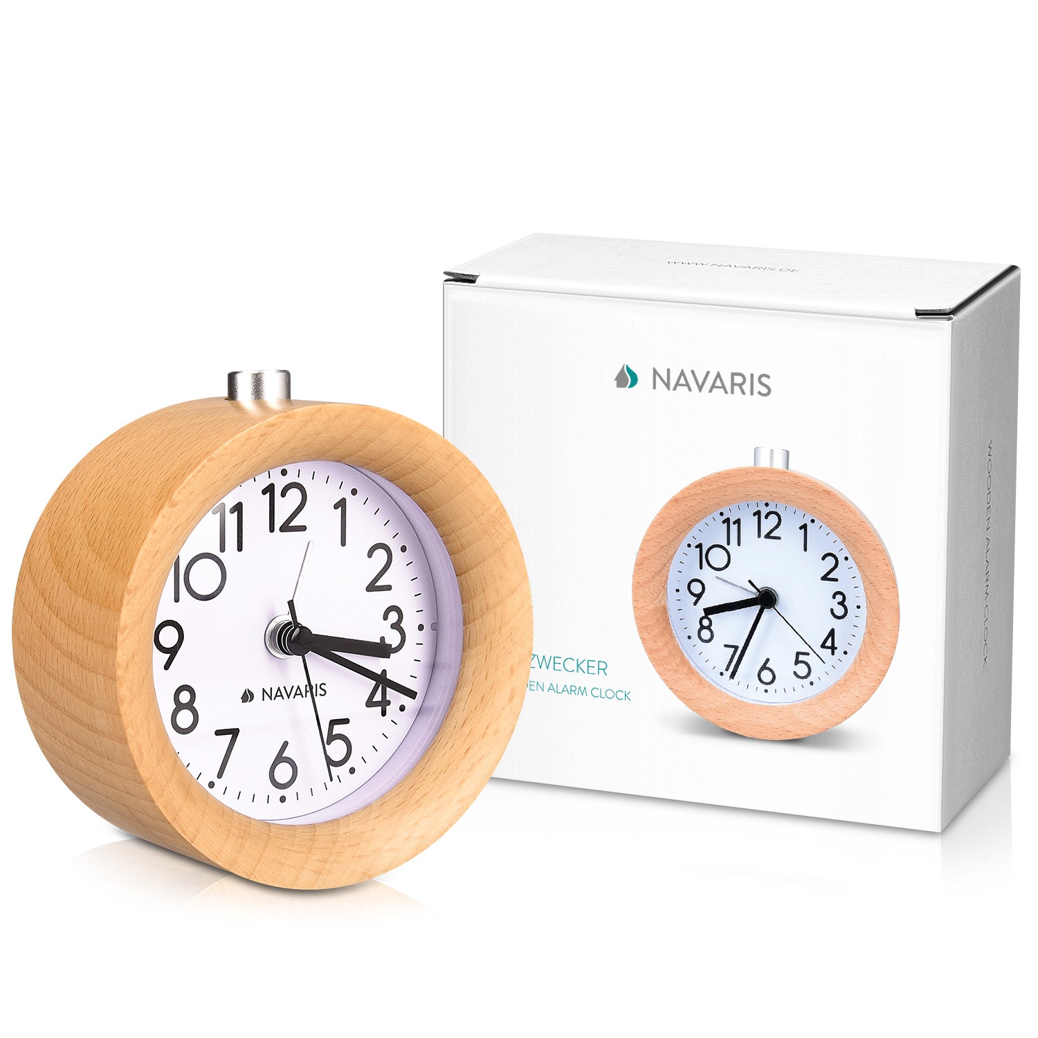 Navaris Analogue Wood Alarm Clock - Αναλογικό Επιτραπέζιο Ρολόι και Ξυπνητήρι - Light Brown - 40682