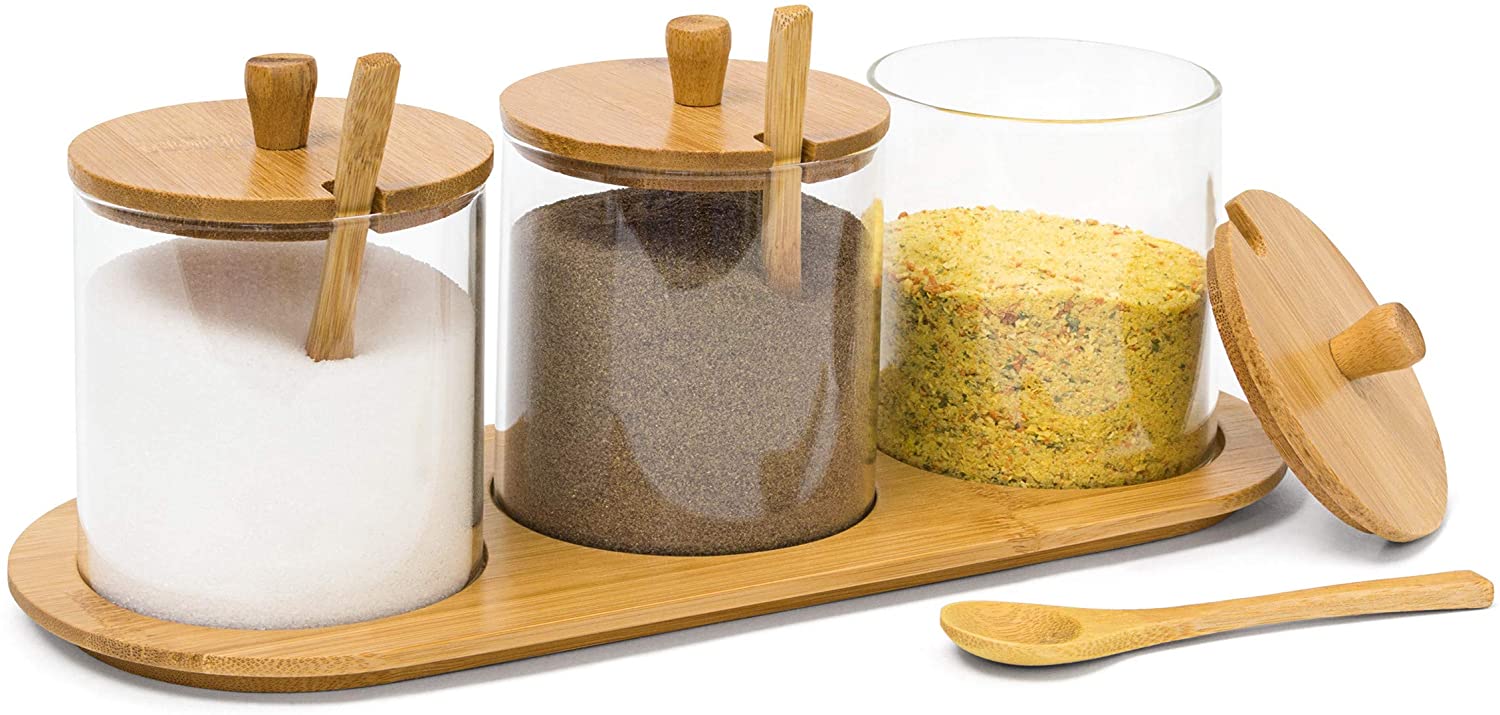 Relaxdays Σετ με 3 Γυάλινα Βάζα Αποθήκευσης JIAO με Βάση και Καπάκια από Μπαμπού - Natural - 4052025191351