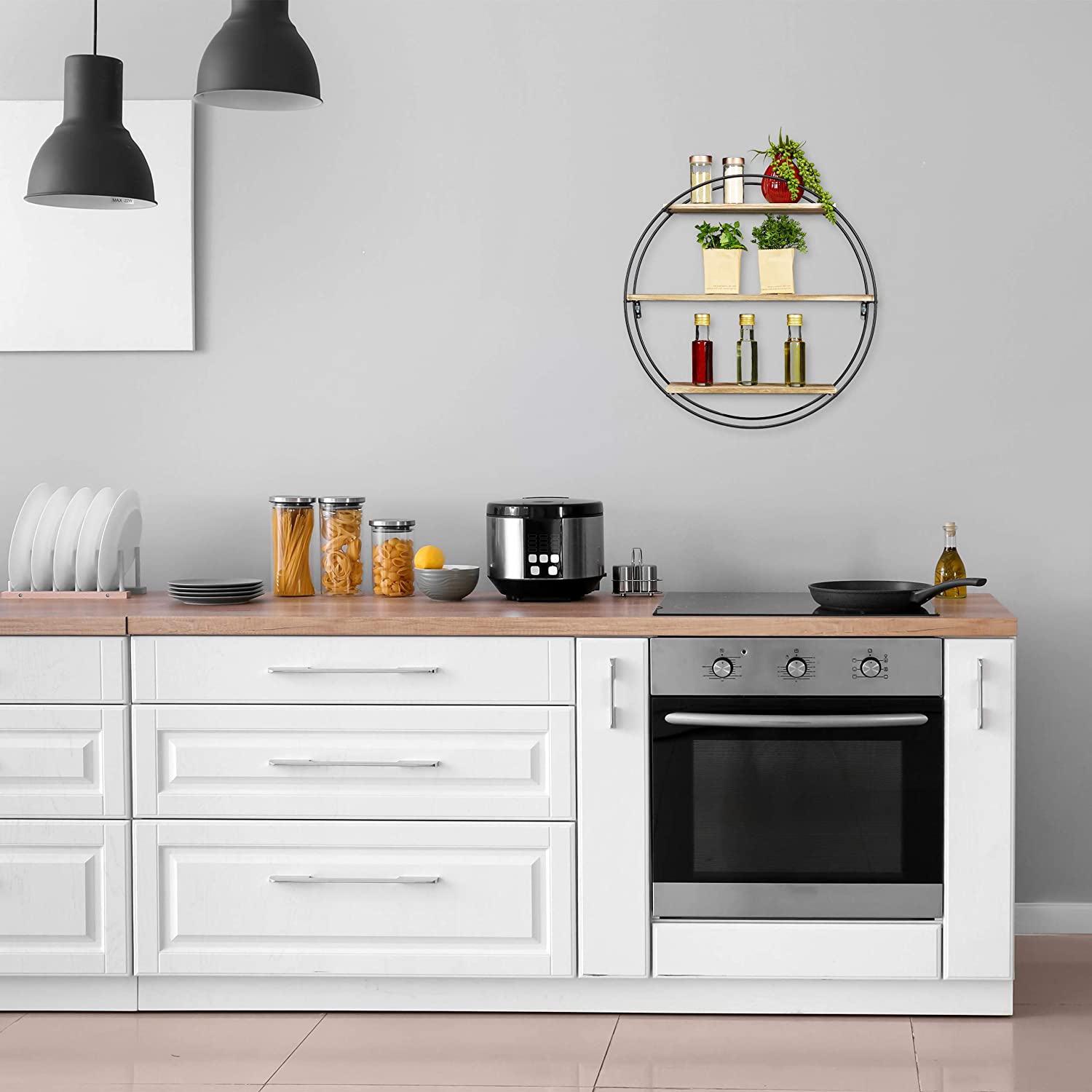 Relaxdays Στρόγγυλο Διακοσμητικό Ράφι Τοίχου με 3 Διαμερίσματα - 50 x 18,5 cm - Natural / Black - 4052025289270