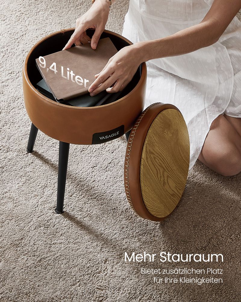 Vasagle EKHO Σκαμπό με Αποθηκευτικό Χώρο από Συνθετικό δέρμα και Ατσάλινα Πόδια - 38.2 x 44.4 cm - Caramel Brown - LOM005K01