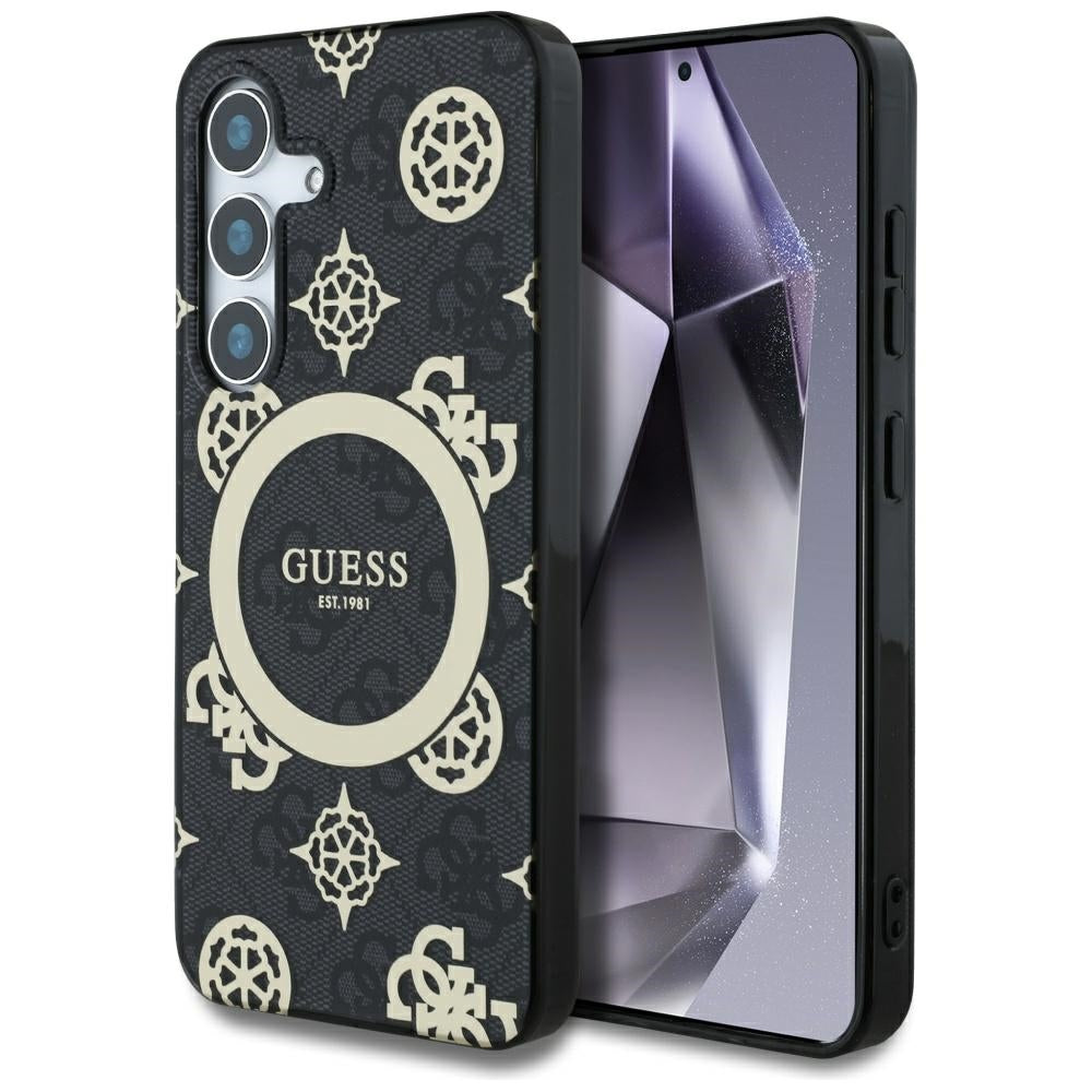 Guess Samsung Galaxy S25 - 4G Background Gold Electroplated Peony Pattern MagSafe - Σκληρή Θήκη με Πλαίσιο Σιλικόνης - Black - GUHMS25SH4PYEEK