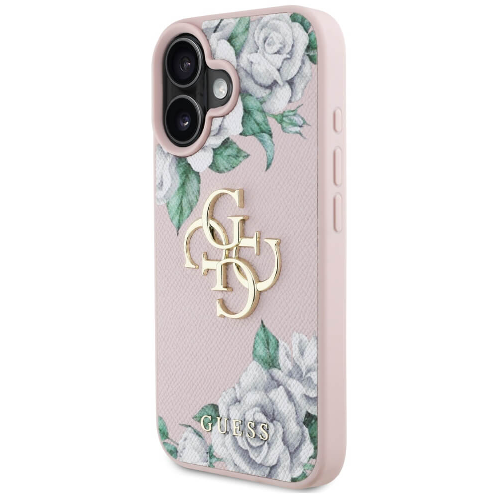 Guess iPhone 16 - Grained Roses Big 4G Logo - Σκληρή Θήκη με Επένδυση από Οικολογικό Δέρμα - Pink - GUHCP16SPGROP4MP