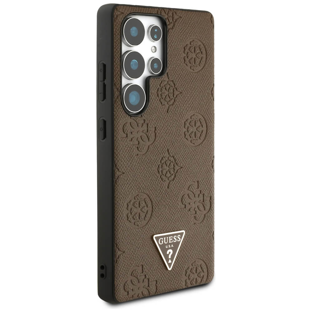 Guess Samsung Galaxy S25 Ultra - Grained Hot Stamp Peony Pattern Triangle Logo - MagSafe Σκληρή Θήκη με Πλαίσιο Σιλικόνης και Συνθετικό Δέρμα - Brown - GUHMS25LPGBTMW