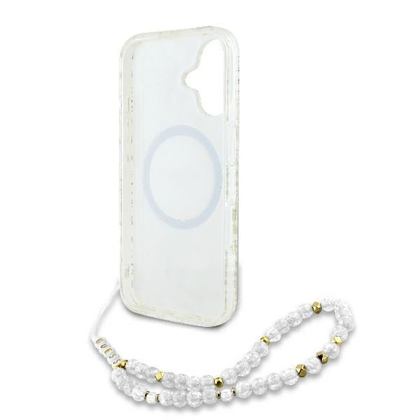 Guess iPhone 16 Plus - IML Flowers Allover Electro With Pearl Strap MagSafe - Σκληρή Θήκη με Πλαίσιο Σιλικόνης και Λουράκι - White / Διάφανη - GUHMP16MHCPOFPH