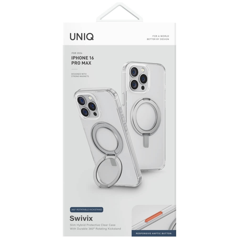 Uniq iPhone 16 Pro Max - Swivix 360 Rotating Kickstand - Σκληρή Θήκη με Πλαίσιο Σιλικόνης και Σταντ - Διάφανη