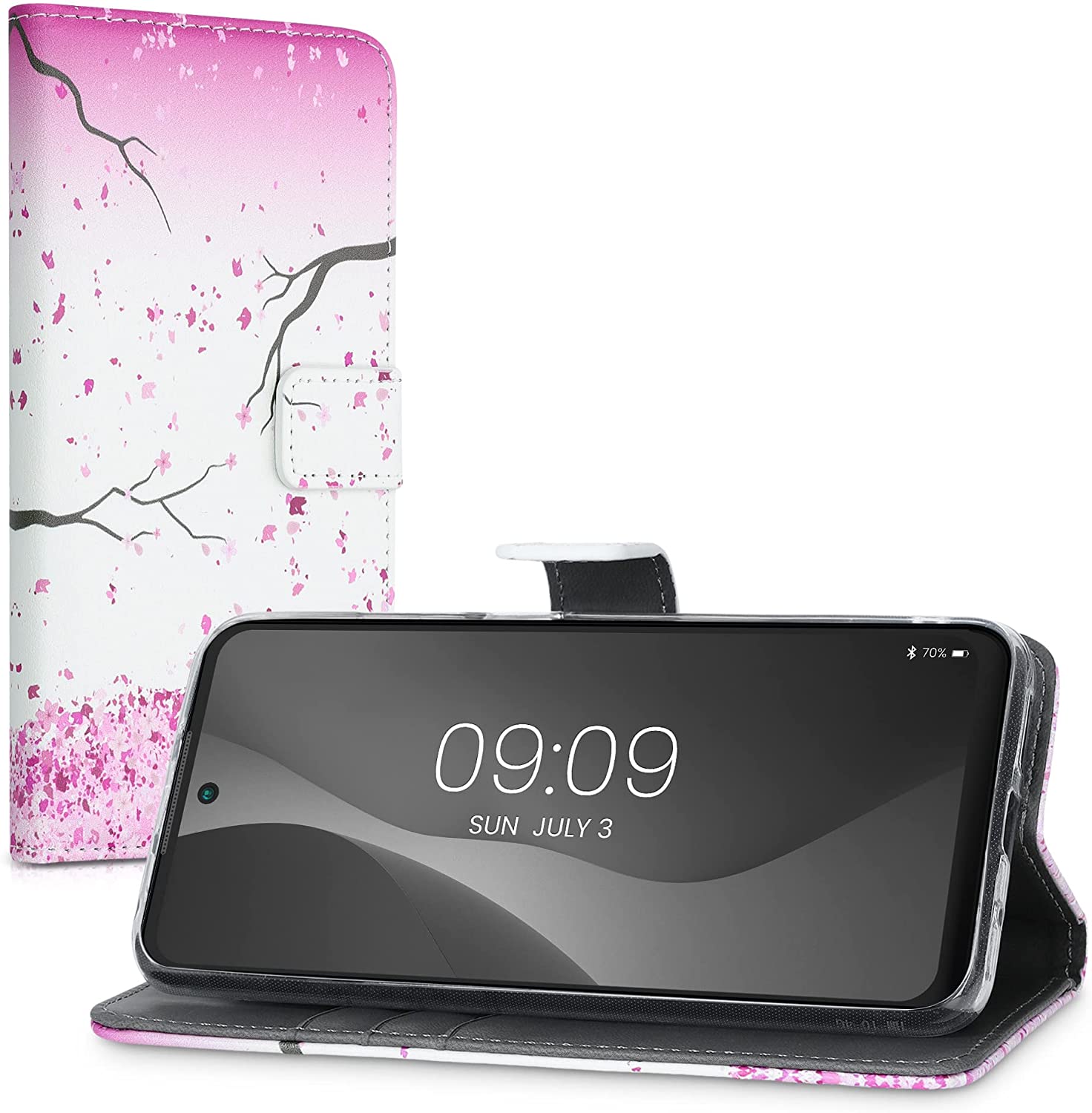KW Xiaomi Redmi 10 Θήκη Πορτοφόλι Stand - Design Cherry Blossoms - Light Pink / Dark Brown / White - 56150.04