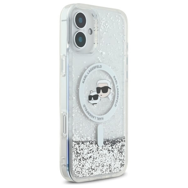 Karl Lagerfeld iPhone 16 Plus - Liquid Glitter Karl and Choupette Head MagSafe - Σκληρή Θήκη με Πλαίσιο Σιλικόνης - Διάφανη - KLHMP16MLGKCSGH