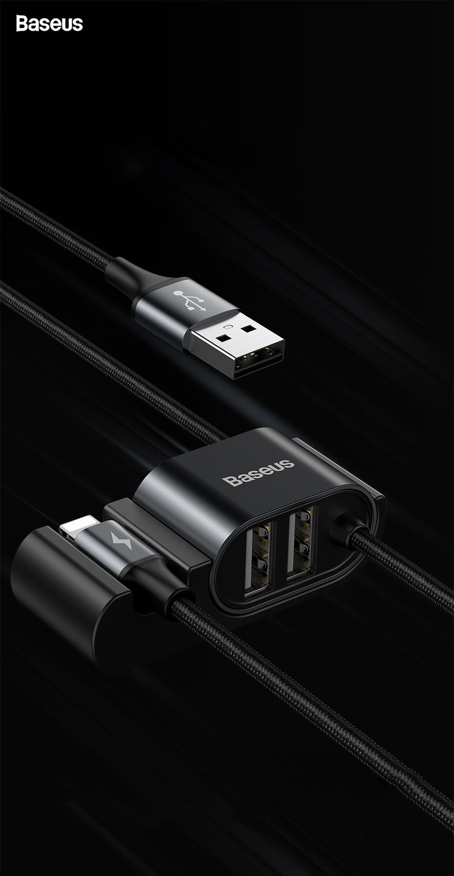 Baseus Special Data Cable for Backseat με 2xUSB Hub με Ενσωματωμένο Καλώδιο Lightning - Black - CALHZ-01