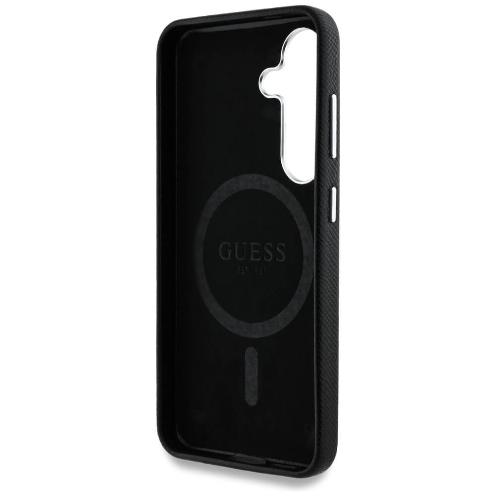 Guess Samsung Galaxy S25 - Grained Triangle Logo - MagSafe Σκληρή Θήκη με Πλαίσιο Σιλικόνης και Συνθετικό Δέρμα - Black - GUHMS25SPGTSPSK