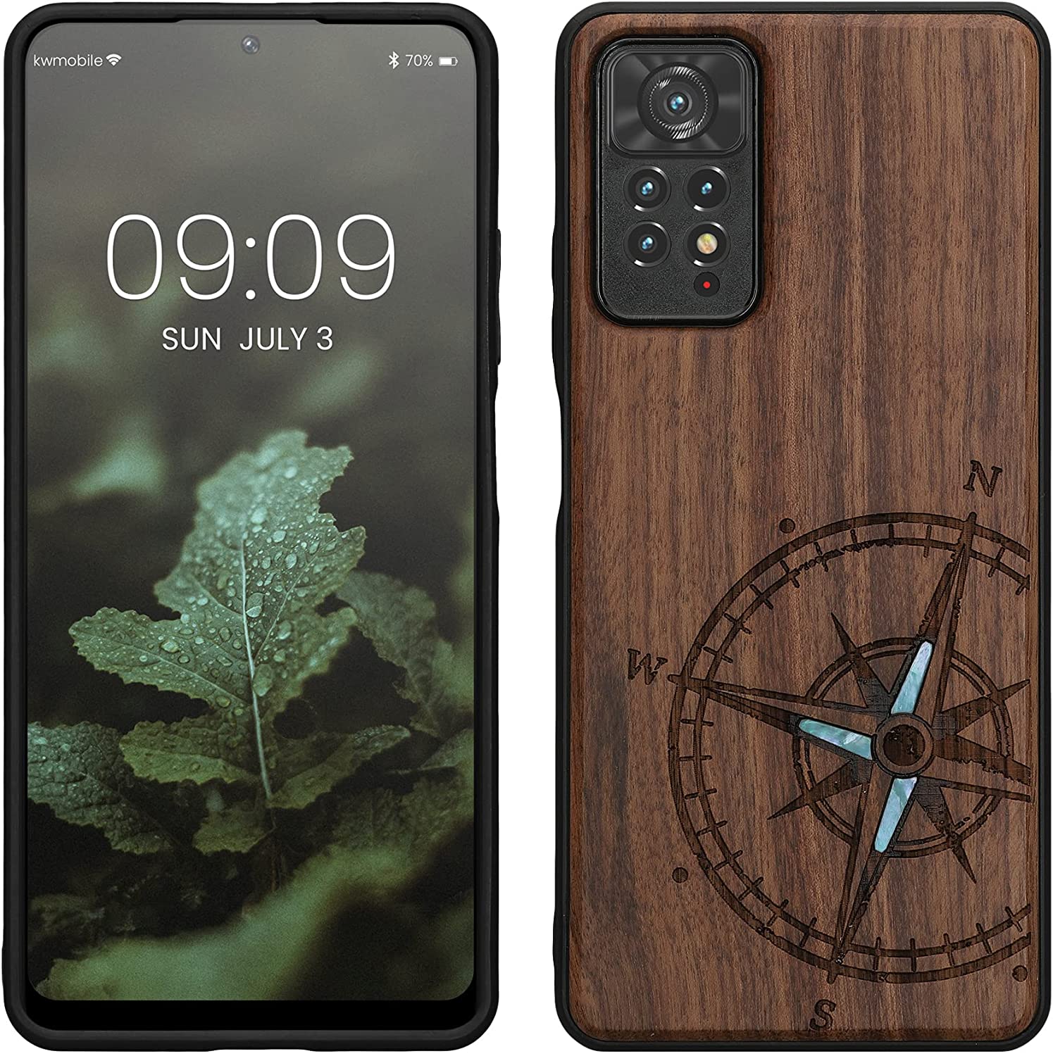KW Xiaomi Redmi Note 11 Pro / Note 11 Pro 5G Θήκη από Φυσικό Ξύλο - Design Navigational Compass Mother of Pearl - Dark Brown - 57381.11