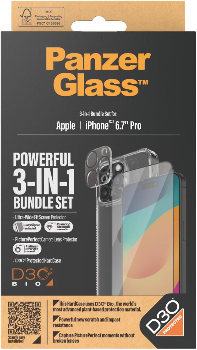 PanzerGlass iPhone 15 Pro Max - Σετ με 1 Αντιχαρακτικό Γυαλί Οθόνης Ultra-Wide Fit, 1 Αντιχαρακτικό Γυαλί για την Κάμερα και 1 Σκληρή Θήκη - Διάφανο