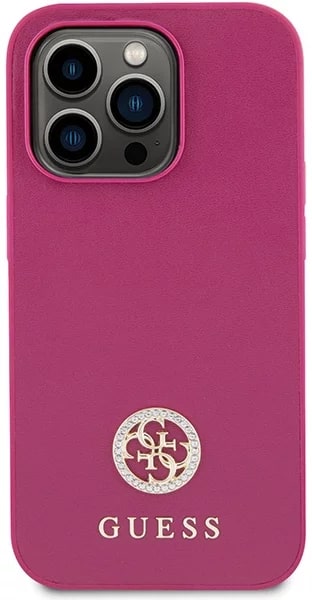 Guess iPhone 15 Pro 4G Strass Metal Logo Θήκη με Επένδυση Συνθετικού Δέρματος - Pink - GUHCP15LPS4DGPP
