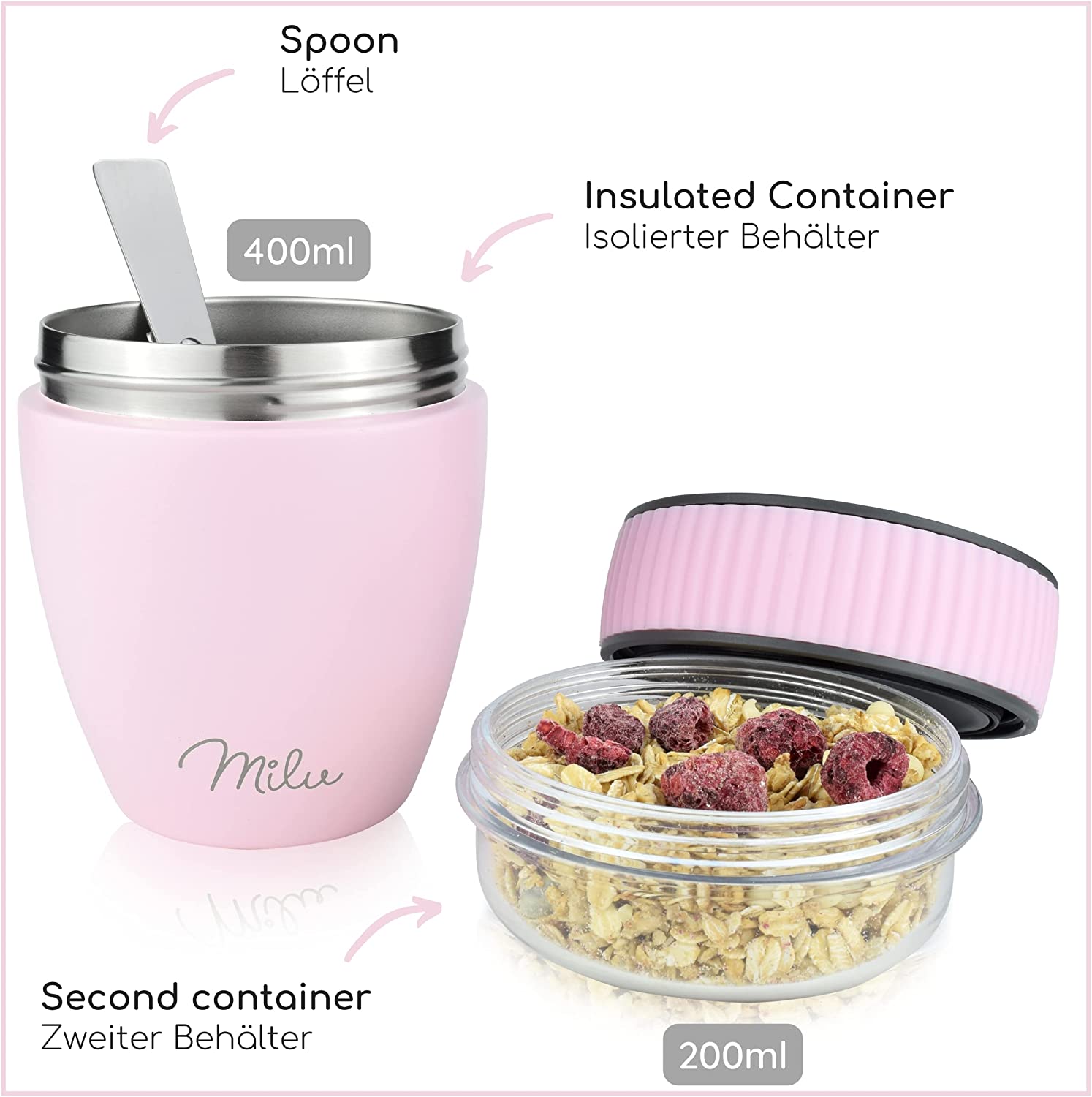 Milu SP Cereal Cup to Go Φορητό Δοχείο Φαγητού από Ανοξείδωτο Ατσάλι με Κουτάλι - 400ml - Pink - 2518