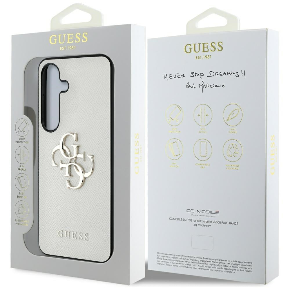 Guess Samsung Galaxy S25 - Grained Big 4G Logo Small Classic Logo - Σκληρή Θήκη με Επένδυση από Οικολογικό Δέρμα - Beige - GUHCS25SPGT4MBE