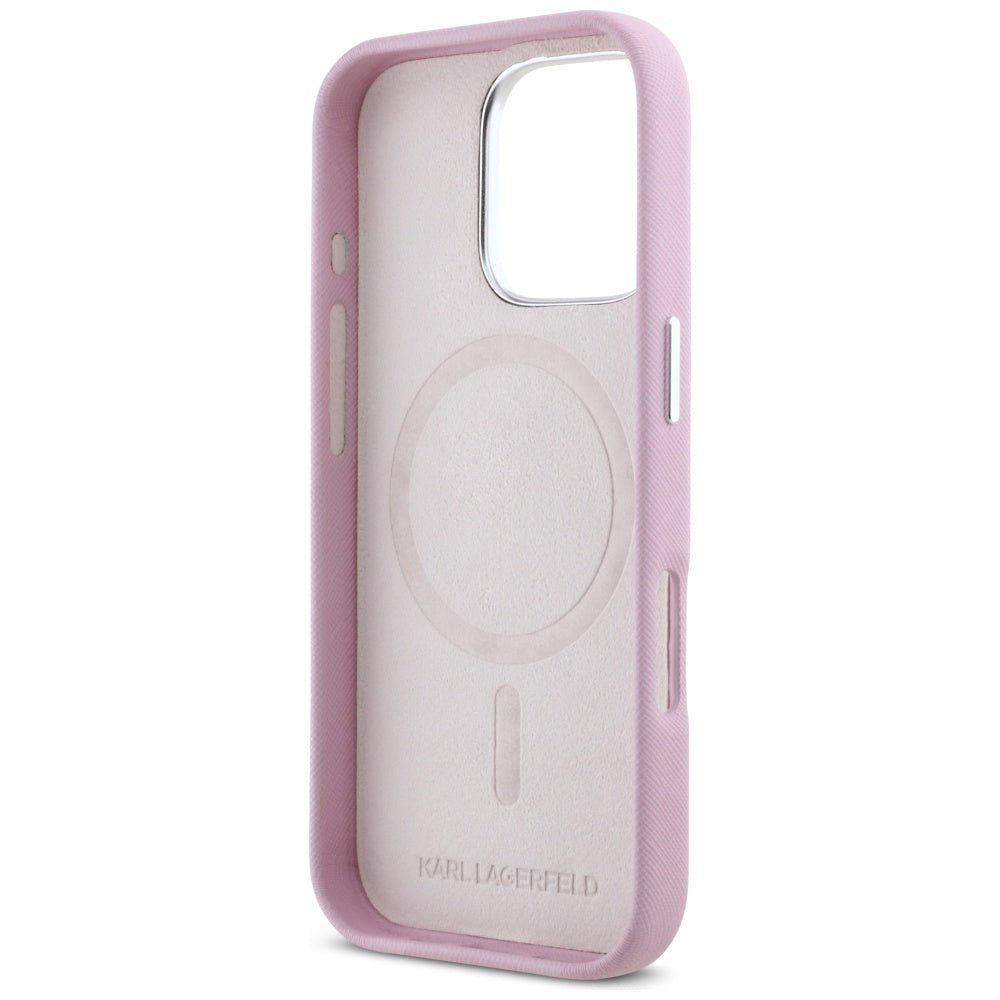 Karl Lagerfeld iPhone 16 Pro - Saffiano Full Wrapped Elongated Metal Logo - MagSafe Σκληρή Θήκη με Επένδυση Συνθετικού Δέρματος και Πλαίσιο Σιλικόνης - Pink - KLHMP16LPSAFWMCP