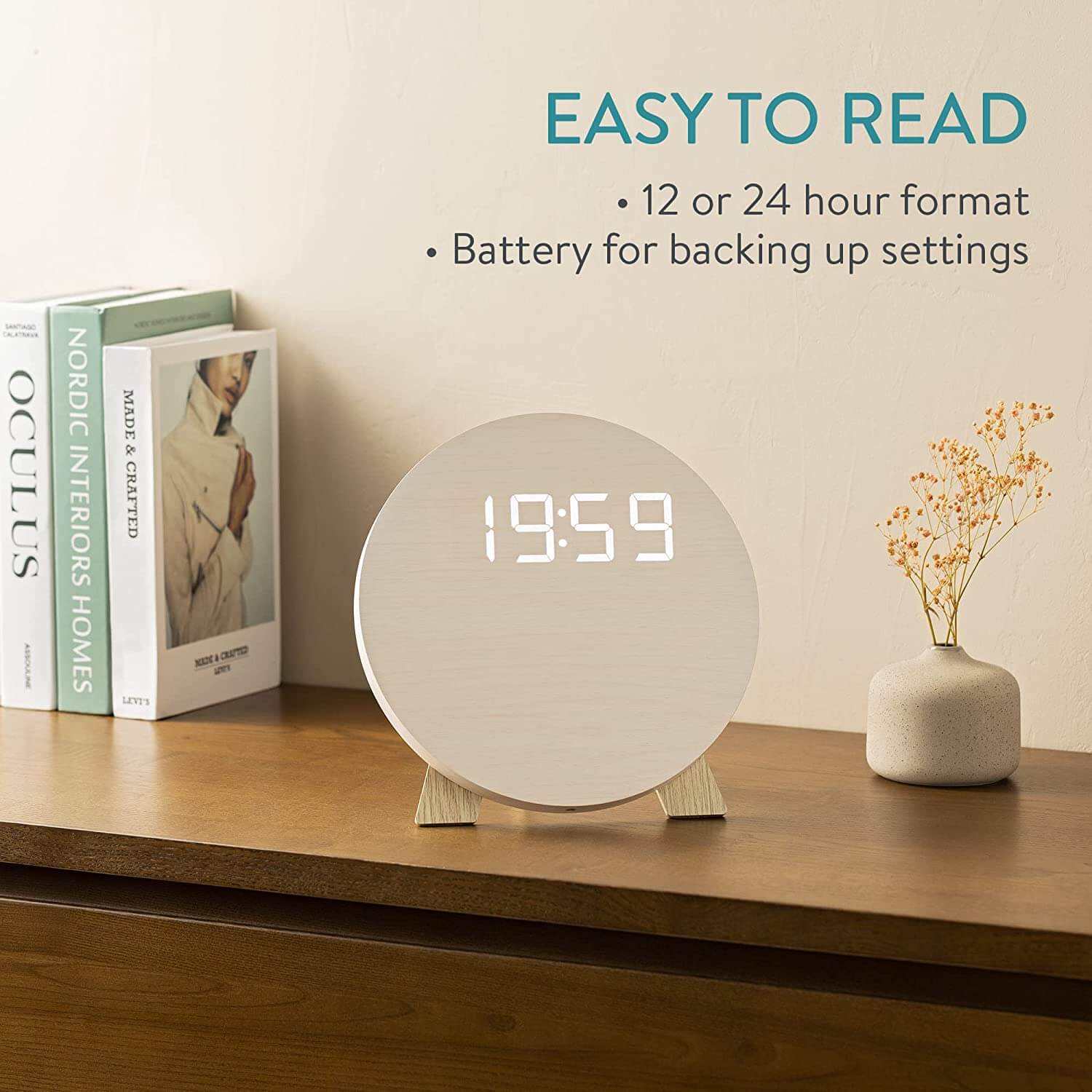 Navaris Ψηφιακό Ξύλινο Ρολόι LED - White - 58958.01