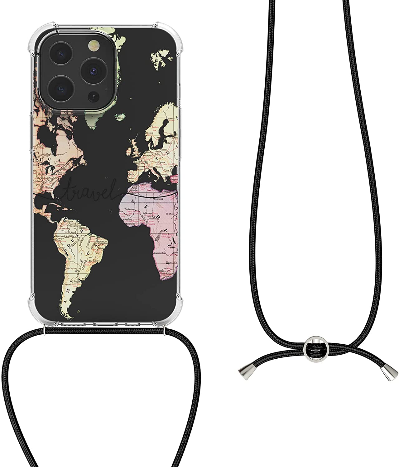 KW iPhone 13 Pro Θήκη Σιλικόνης TPU με Λουράκι Design Travel - Διάφανη / Black / Multicolor - 55965.01