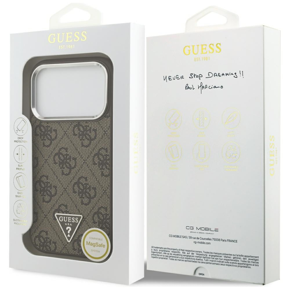 Guess iPhone 17 Pro - 4G Triangle Logo MagSafe - Σκληρή Θήκη με Πλαίσιο Σιλικόνης και Επένδυση Συνθετικού Δέρματος - Brown / Silver - GUHMP17LP4TSRCMW