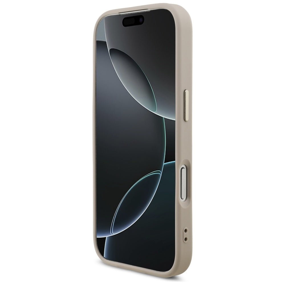 Guess iPhone 17 Pro - 4G Triangle Strass Logo MagSafe - Σκληρή Θήκη με Επένδυση Συνθετικού Δέρματος - Pink / Gold - GUHMP17LP4GTDGMP