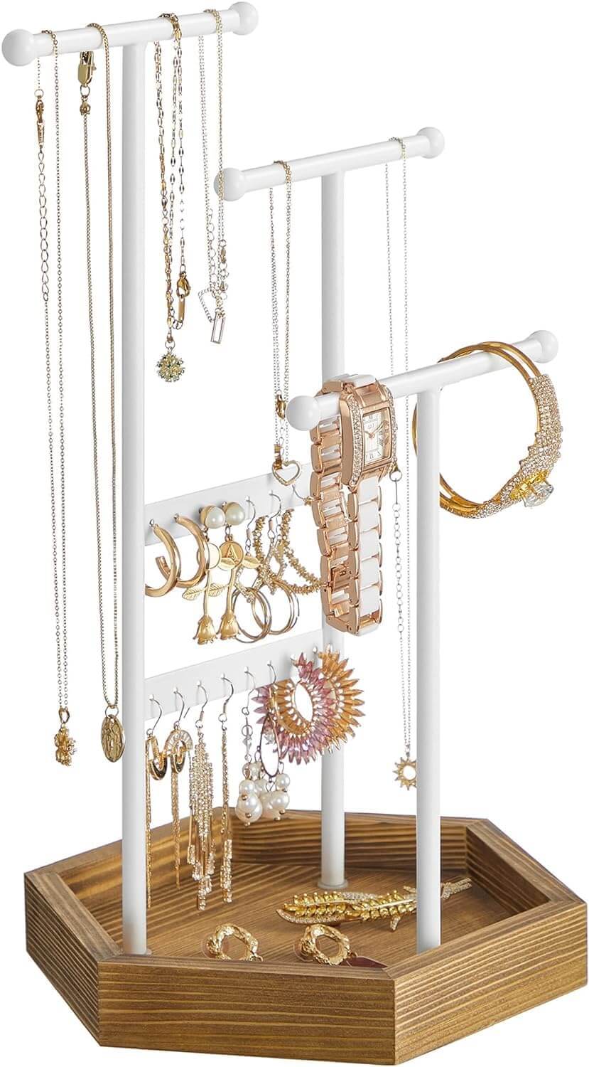 Songmics Μεταλλικό Stand Κοσμημάτων με Ξύλινη Βάση - White / Natural - JJS03NW
