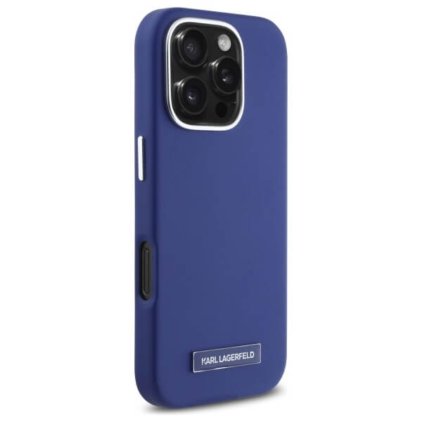 Karl Lagerfeld iPhone 16 Pro - FW Metal Plate - MagSafe Σκληρή Θήκη με Επένδυση Συνθετικού Δέρματος - Blue - KLHMP16LPGMSRPB