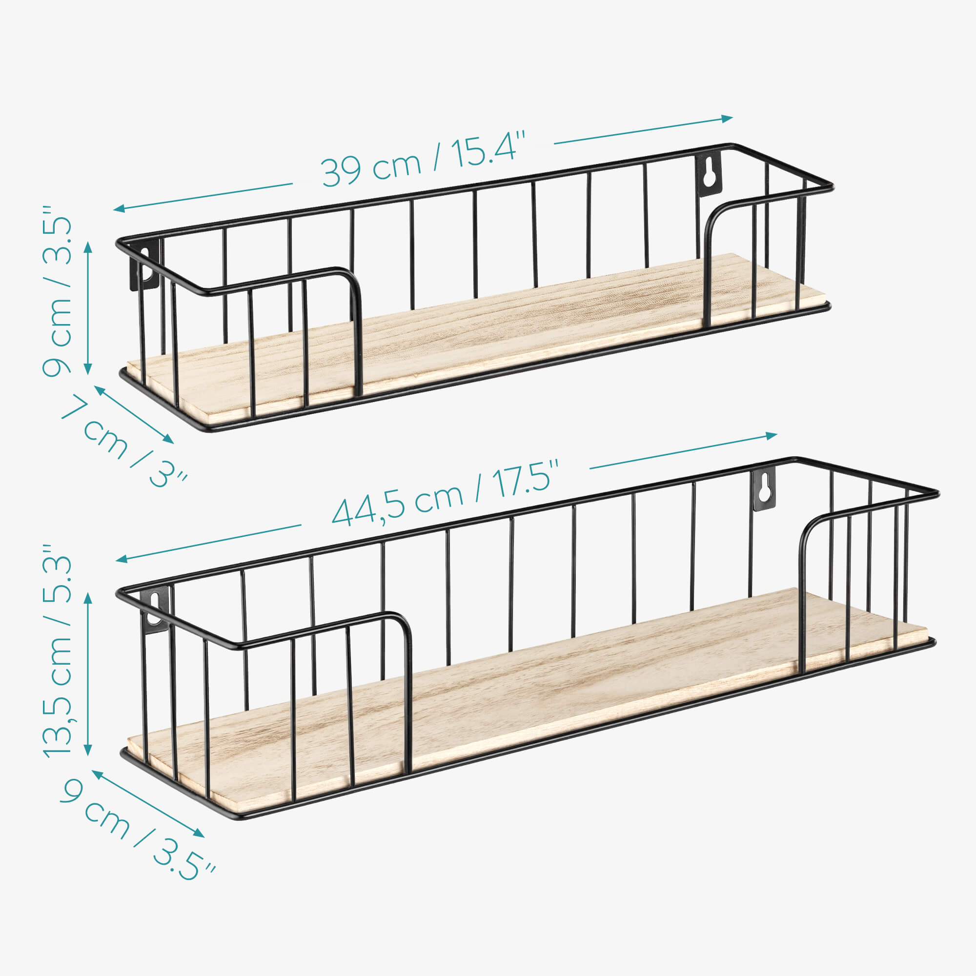 Navaris Σετ με 2 Μεταλλικά Ράφια Τοίχου - 44.5 x 13.5 x 9 cm / 39 x 9 x 7 cm - Black - 54568.2.02