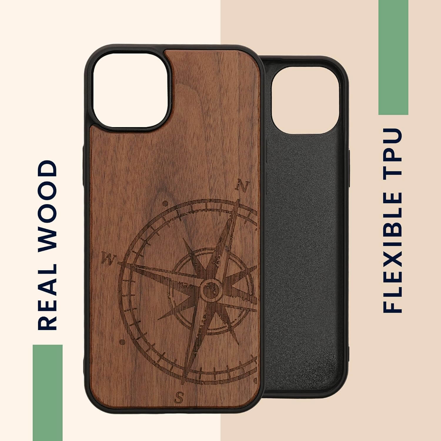 KW iPhone 15 Plus Θήκη από Φυσικό Ξύλο - Design Vintage Compass - Dark Brown - 62012.01