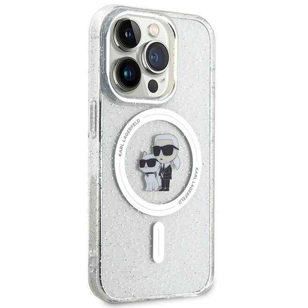 Karl Lagerfeld iPhone 15 Pro - Karl and Choupette Glitter Magsafe Σκληρή Θήκη με Πλαίσιο Σιλικόνης και MagSafe - Διάφανη - KLHMP15LHGKCNOT