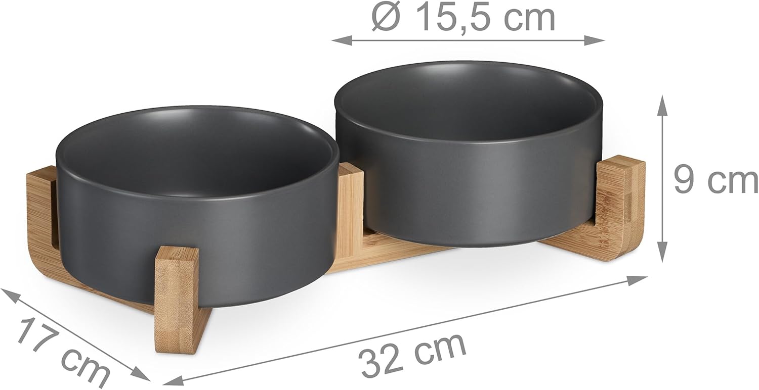 Relaxdays Σετ με 2 Μπολ Φαγητού και Νερού με Βάση από Μπαμπού για Κατοικίδια - 850ml - Grey / Brown - 4052025976699