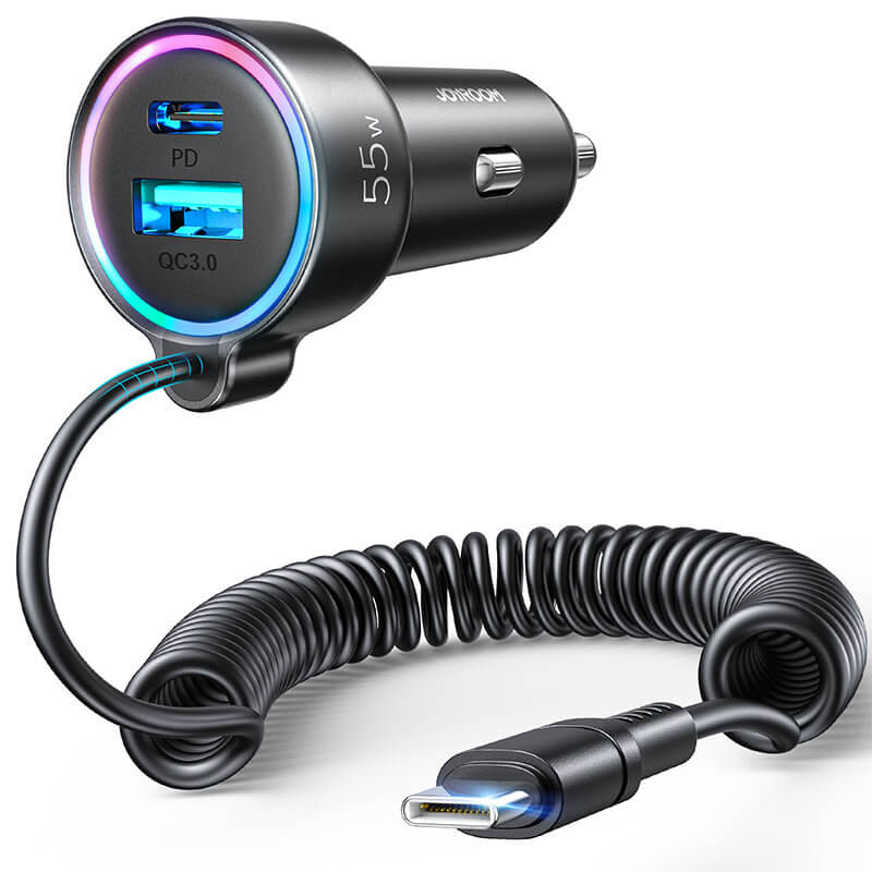 Joyroom JR-CL07 3in1 Fast Car Charger Φορτιστής Αυτοκινήτου με Καλώδιο Type C 1.5m 55W - Black