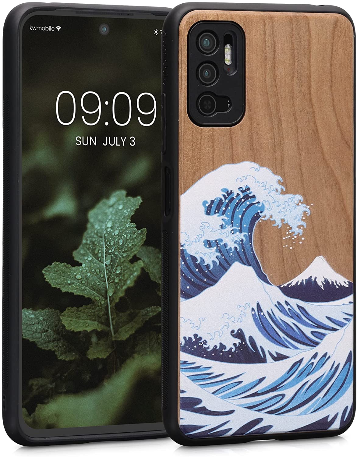 KW Xiaomi Redmi Note 10 5G Θήκη από Φυσικό Ξύλο - Design The Great Wave - Blue / White / Brown- 56792.04