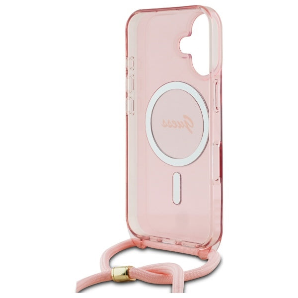 Guess iPhone 16 - Crossbody Cord Script MagSafe - Σκληρή Θήκη με Πλαίσιο Σιλικόνης και Λουράκι - Pink - GUHMP16SHCTSGNSP