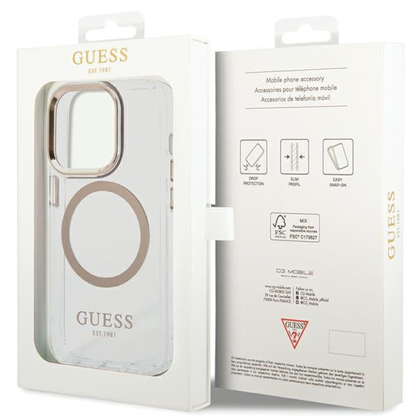 Guess iPhone 15 Pro Metal Outline MagSafe Σκληρή Θήκη με Πλαίσιο Σιλικόνης και MagSafe - Gold - GUHMP15LHTRMD