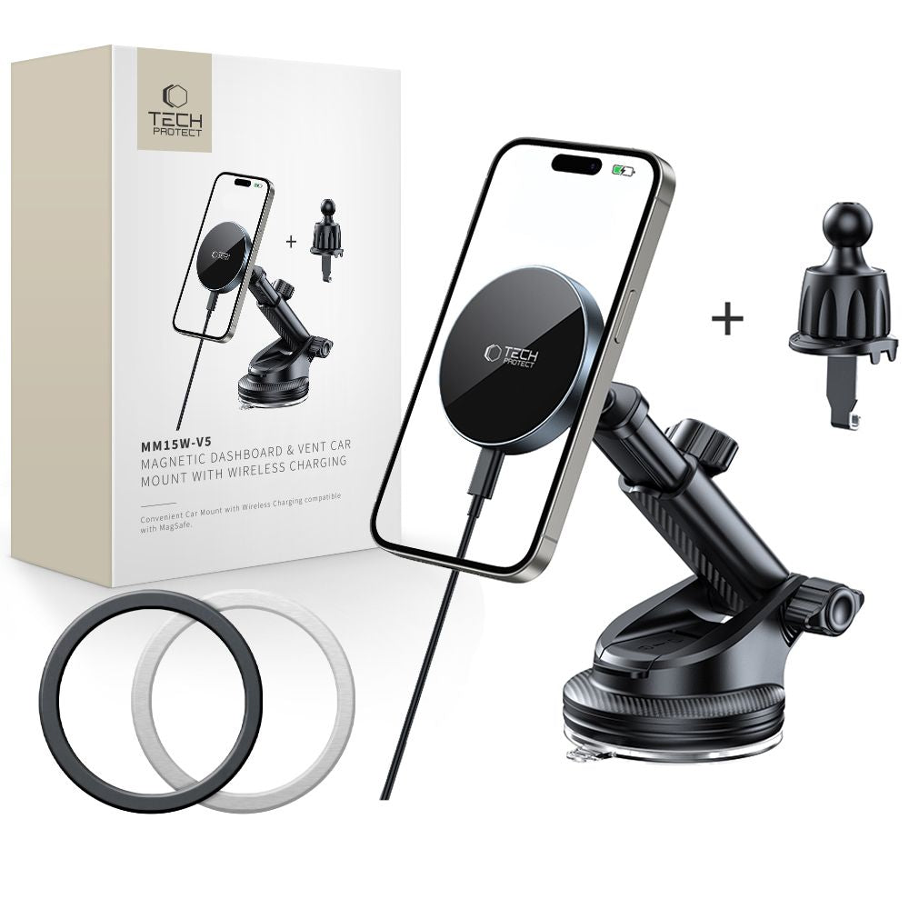 Tech-Protect MM15W-V5 Μαγνητική Βάση για το Ταμπλό και τον Αεραγωγό του Αυτοκινήτου με Ασύρματη Φόρτιση MagSafe 15W - Black
