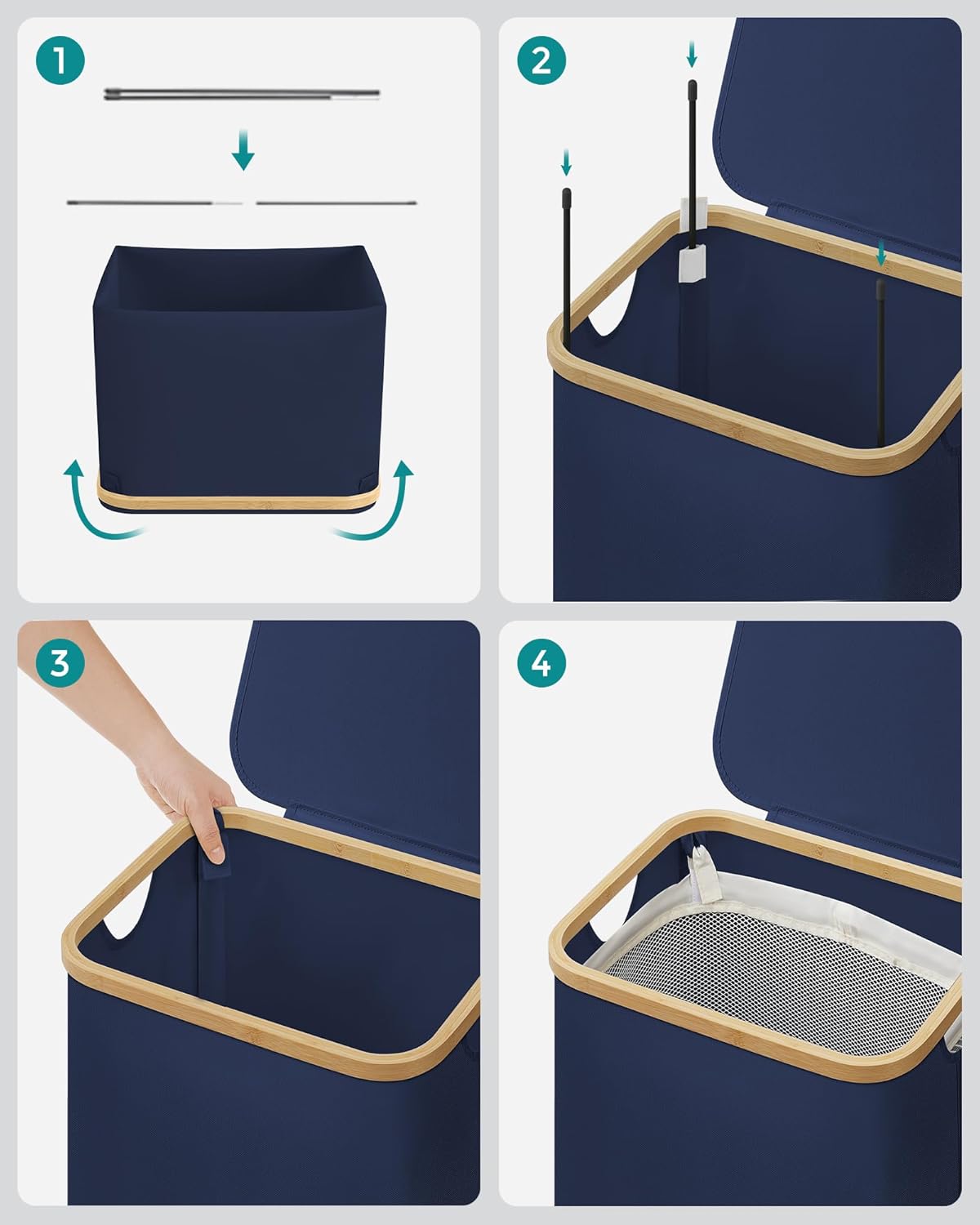 Songmics Καλάθι Απλύτων με Καπάκι και Αποσπώμενη Εσωτερική Θήκη - 90L - Charcoal Blue - LCB509Q01