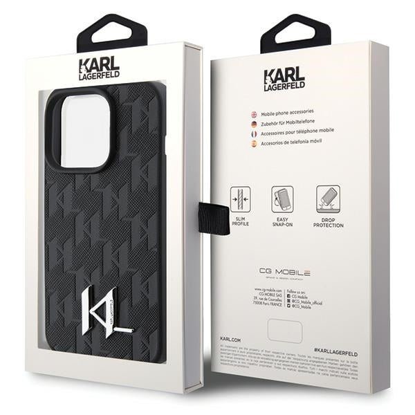 Karl Lagerfeld iPhone 15 Pro Max - Leather Monogram Hot Stamp Metal Logo Σκληρή Θήκη με Επένδυση Συνθετικού Δέρματος και Πλαίσιο Σιλικόνης - Black - KLHCP15XPKLPKLK