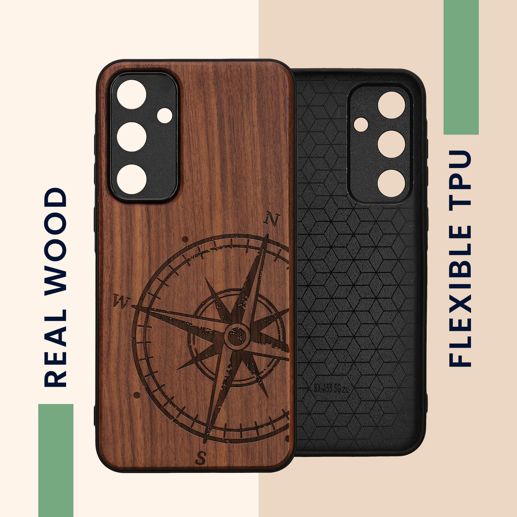 KW Samsung Galaxy A55 5G Θήκη από Φυσικό Ξύλο - Design Navigational Compass - Dark Brown