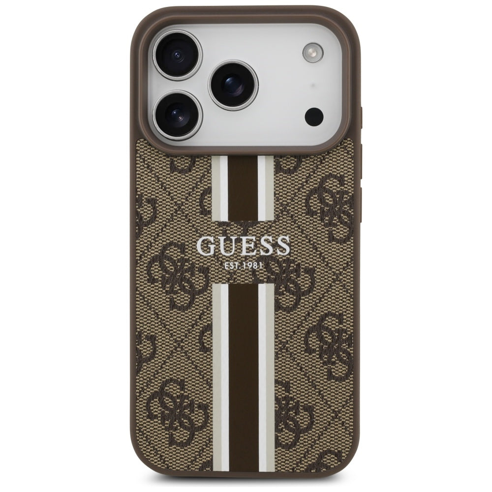 Guess iPhone 17 Pro - 4G Printed Stripes MagSafe - Θήκη με Επένδυση Συνθετικού Δέρματος - Brown - GUHMP17LP4RPSW