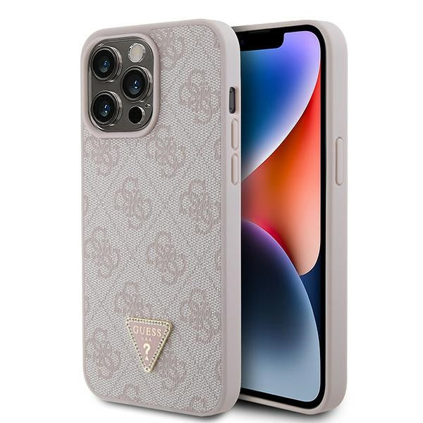 Guess iPhone 15 Pro Max Leather 4G Diamond Triangle Θήκη με Επένδυση Συνθετικού Δέρματος - Pink - GUHCP15XP4TDPP
