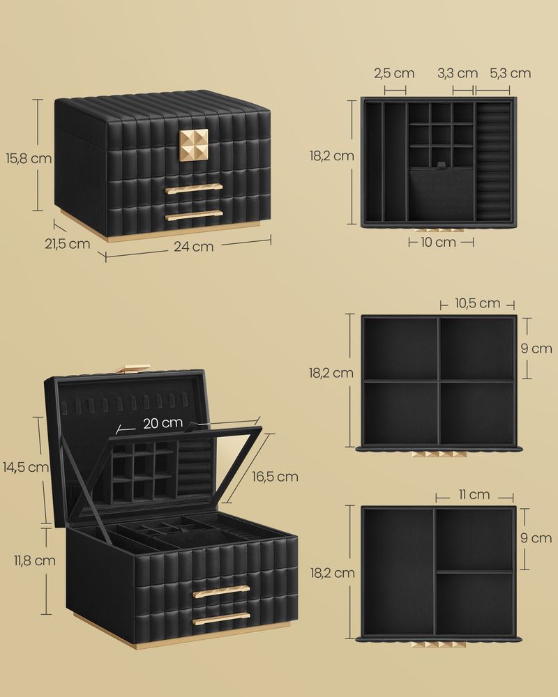 Songmics Κουτί Αποθήκευσης Κοσμημάτων με 3 Επίπεδα και Καθρέπτη - Ink Black - JBC183B01