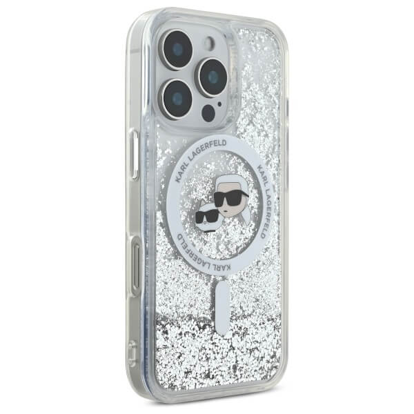 Karl Lagerfeld iPhone 16 Pro Max - Liquid Glitter Karl and Choupette Head - MagSafe Σκληρή Θήκη με Πλαίσιο Σιλικόνης - Διάφανη - KLHMP16XLGKCSGH
