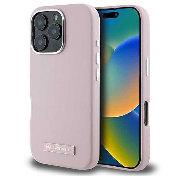 Karl Lagerfeld iPhone 16 Pro - FW Metal Plate MagSafe Σκληρή Θήκη με Επένδυση Συνθετικού Δέρματος - Pink - KLHMP16LPGMSRPP
