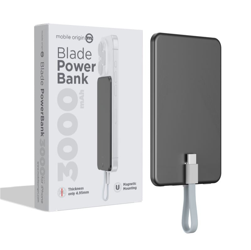 Mobile Origin Origin Blade PowerBank 3000mAh με Ενσωματωμένο Καλώδιο Type-C και Type-C to Type-C Καλώδιο - Grey